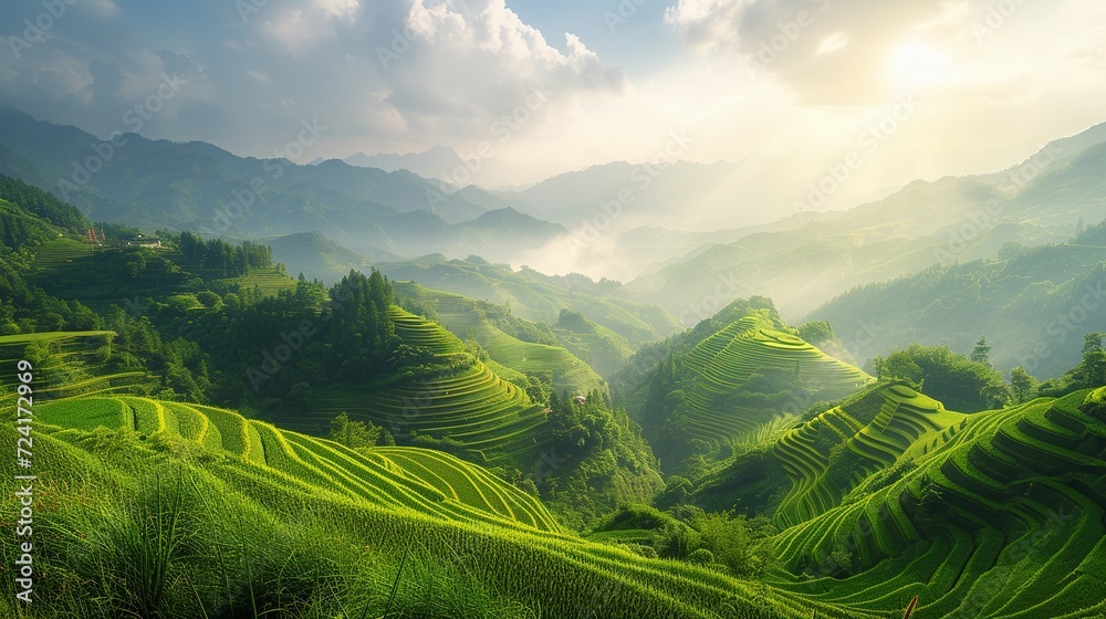 On the Longji terraces, under the morning sunshine, the terraces are layered like a natural picture scroll