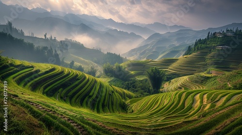 On the Longji terraces, under the morning sunshine, the terraces are layered like a natural picture scroll photo