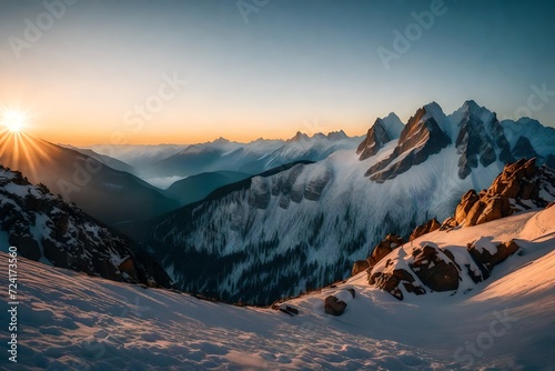 A panoramic shot of a high mountain in the early hours, the landscape bathed in the delicate light of sunrise,  its natural splendor.
