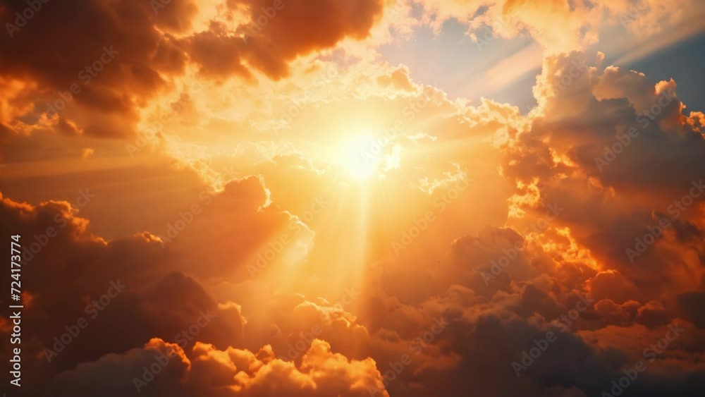 Sun's rays shine through the clouds. Sunset. God light in heaven symbolizing divine presence, truth, spiritual illumination, God love and grace. Light beams blessing world with heavenly light