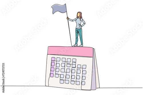 Single continuous line drawing businesswoman standing on giant desk calendar holding flag. Starting small steps in planned business pattern is key to success in achieving business profits. One line