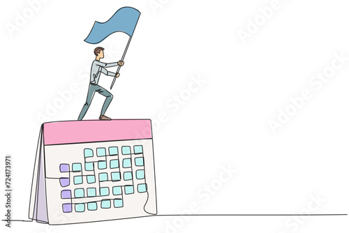 Single one line drawing of businessman standing on giant desk calendar raising flag. Starting small steps in a planned business pattern is key to success in achieving business profits. Continuous line