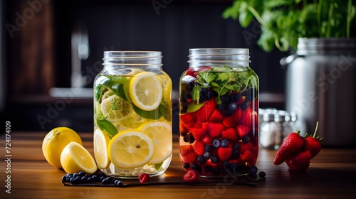 Kombucha with fresh berries, lemon and ginger in transparent glass jars