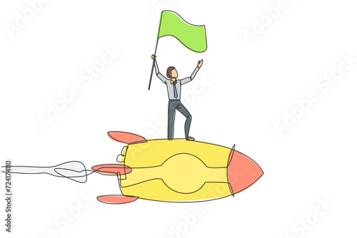 Single one line drawing of young successful businessman standing on flying rocket through the sky raising flag. Entrepreneur starting a new business startup. Continuous design graphic illustration