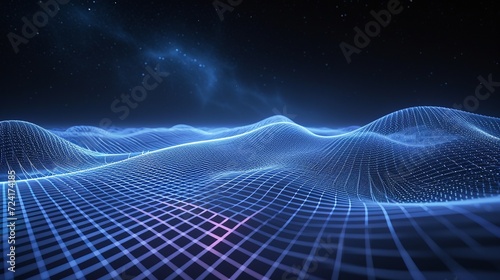 wave made out of grids that are seen from a cinematic view of one of the holy geomtry shapes, the shape is clearly animated, clear neon lines, 3d render