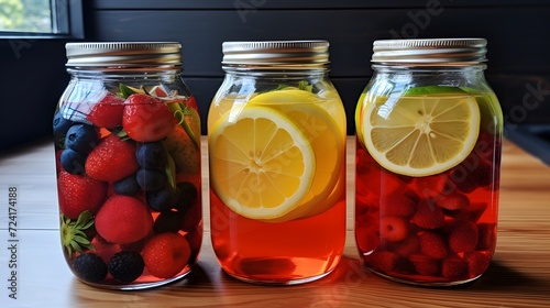 Kombucha with fresh berries, lemon and ginger in transparent glass jars
