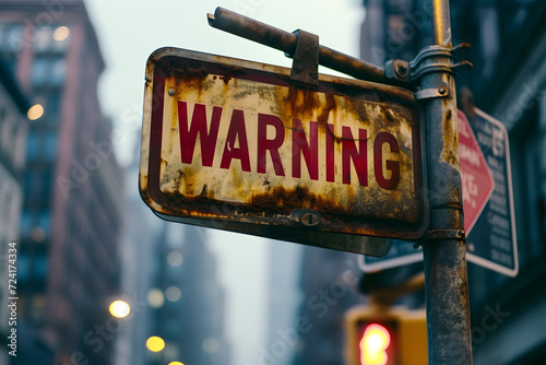 Vergangene Warnungen: Heruntergekommenes Schild mit der Aufschrift 'WARNING' vermittelt nostalgische Authentizität und erzählt Geschichten vergangener Zeiten.