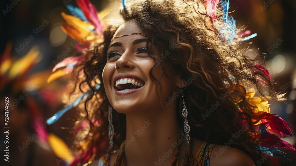 Portrait of a beautiful latina woman dressed up in a feather headdress on carnival day in Rio de Janeiro
