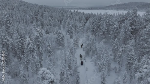 Snow sled hikers in the toundra in finnish Lapland seen from the sky