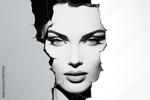 Beauty, fashion, make-up concept. Abstract and minimalist woman black and white portrait illustration. Model looking through broken glass or wall crack or hale