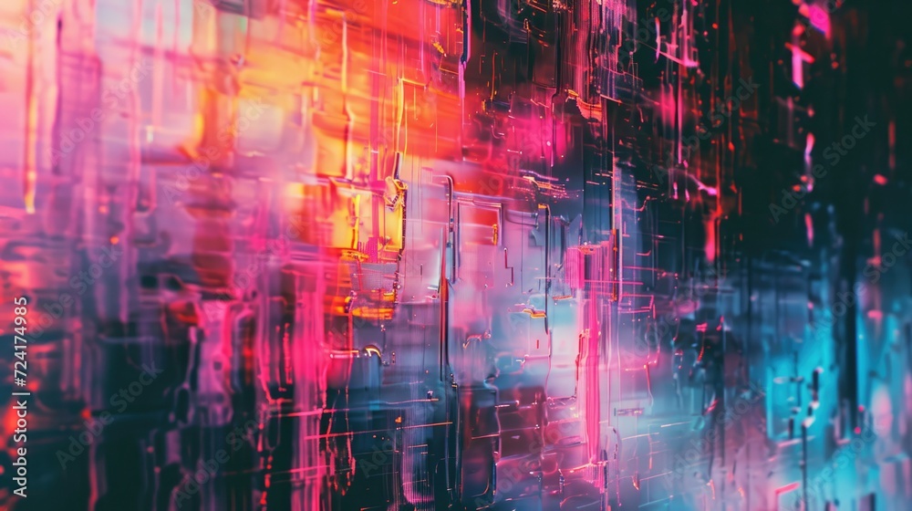 Fototapeta premium Abstract background with colourful distorted motion glitch. Broadcast error, grunge damaged effect