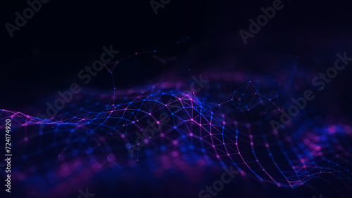 Abstract technology wave with dots and lines. Flow of particles. Big data transfer visualization. 3d rendering.
