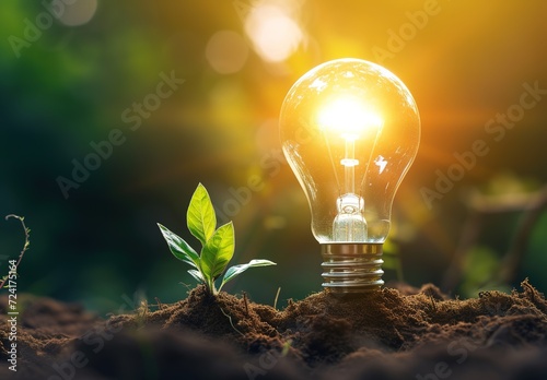 Innovation in harmony with nature: a shining light bulb sprouting green leaves among growing plants