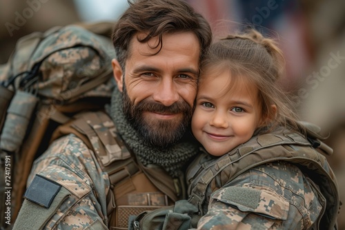A young girl's smile lights up the face of a strong and proud soldier, standing together in their military uniforms against the backdrop of the great outdoors