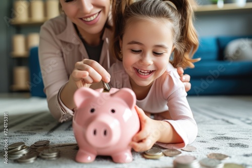Happy mother helping daughter to put money in a piggy bank