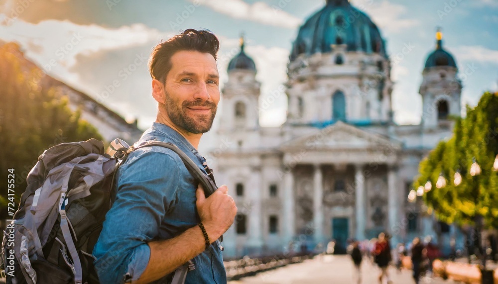 Historical Adventure: Portrait of a Backpacker, Rucksack in Tow, Smiling in Front of an Iconic European Landmark, Embarking on a Journey of Cultural Discovery. Generative AI Historical Adventure: Portrait of a Backpacker, Rucksack in Tow, Smiling in Front of an Iconic European Landmark, Embarking on a Journey of Cultural Discovery. Generative AI