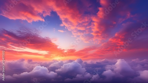 Panorama view red and purple sunset sky. Beautiful cloudscape in heaven sky. Nature background. Golden and dark fluffy clouds with sunlight. Beautiful clouds layer. Majestic sky for wallpaper.  