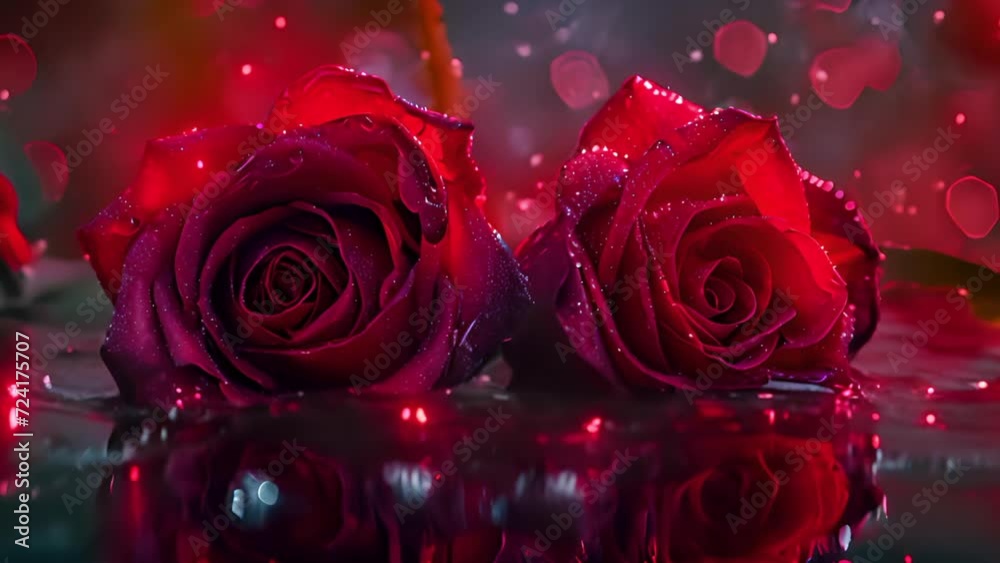 Hermosas rosas rojas reflejadas en agua con fondo de bokeh en movimiento. Concepto de celebraciones, San Valentin