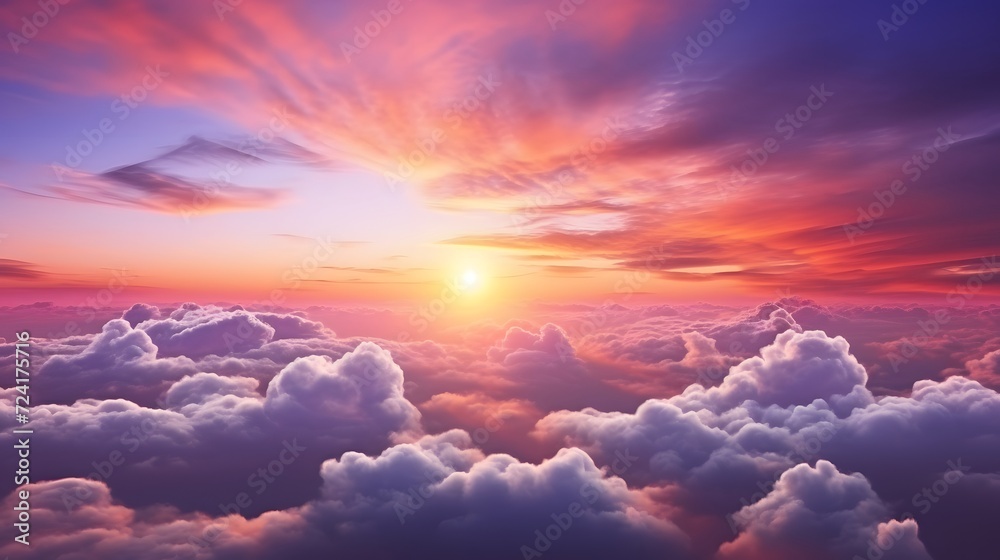 Panorama view red and purple sunset sky. Beautiful cloudscape in heaven sky. Nature background. Golden and dark fluffy clouds with sunlight. Beautiful clouds layer. Majestic sky for wallpaper. 
 - obrazy, fototapety, plakaty 