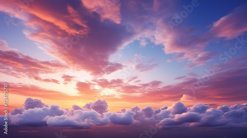 Panorama view red and purple sunset sky. Beautiful cloudscape in heaven sky. Nature background. Golden and dark fluffy clouds with sunlight. Beautiful clouds layer. Majestic sky for wallpaper.  