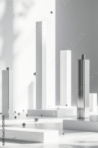 Metal columns in a white space with some metal nuts on the ground. Use as background or mock-up