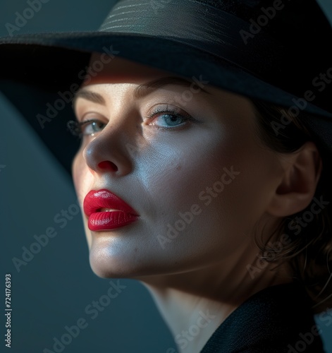 A very elegant woman wearing a hat and lipstick in a bold color style and partial inversion of the tonal values of the image. Close-up of sensual woman with designer hat.