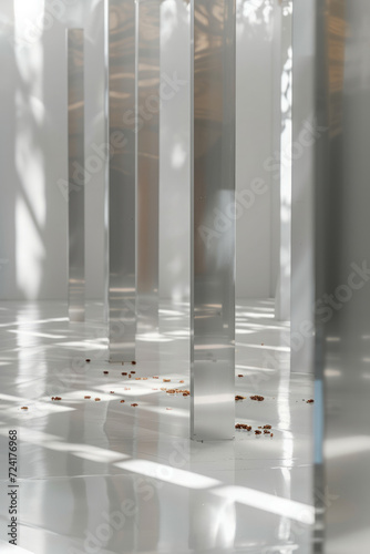 Shiny gray background with mirror effect metallic columns. Use as a backdrop or background.