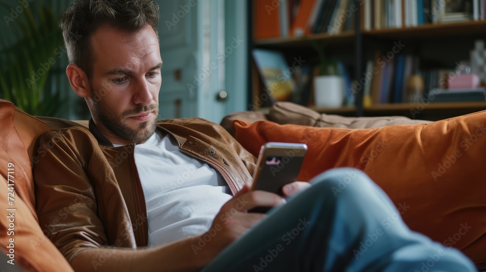 Portrait of an attractive man wearing casual clothes sitting on a couch at the living room with mobile phone. For commercial advertising Portrait of an attractive man wearing casual clothes sitting on a couch at the living room with mobile phone. For commercial advertising