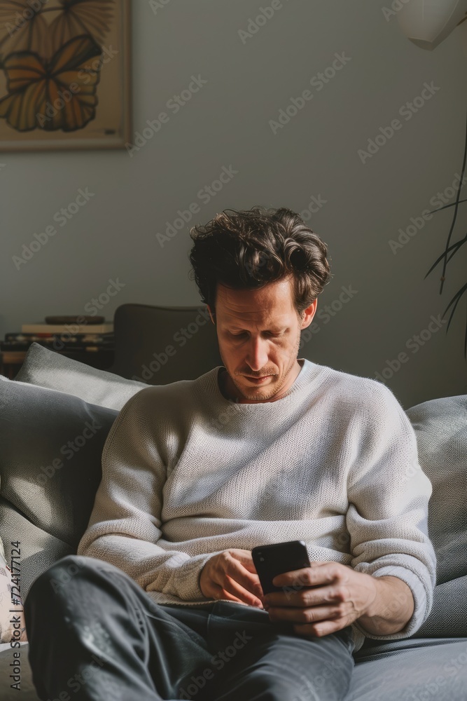 Portrait of an attractive man wearing casual clothes sitting on a couch at the living room with mobile phone. For commercial advertising