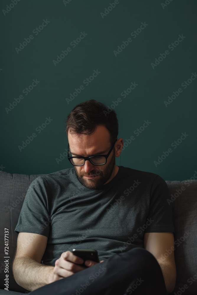 Portrait of an attractive man wearing casual clothes sitting on a couch at the living room with mobile phone. For commercial advertising