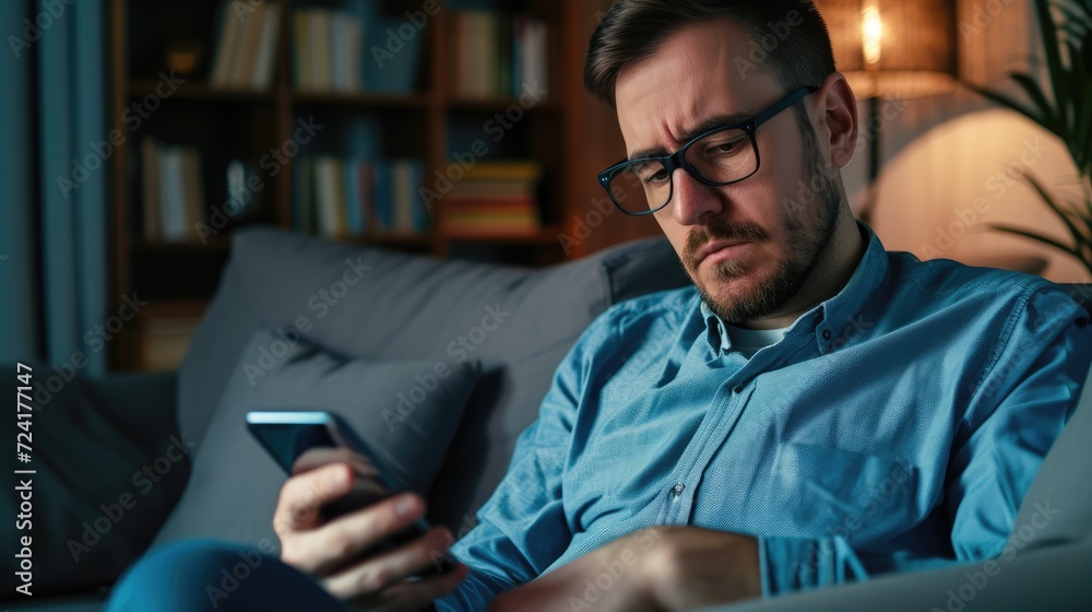Portrait of an attractive man wearing casual clothes sitting on a couch at the living room with mobile phone. For commercial advertising