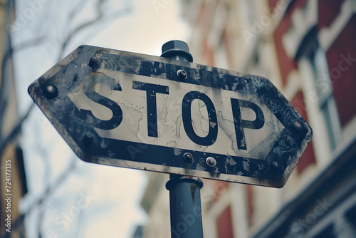 Halt und Verfall: Heruntergekommenes Schild mit der Aufschrift 'STOP' verströmt nostalgische Authentizität und erzählt Geschichten vergangener Zeiten.