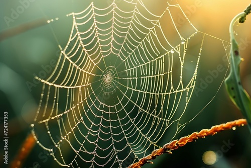 Glistening droplets adorn the intricate web, crafted by a skilled spider in the midst of nature's serene embrace