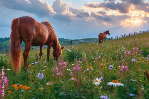 A serene scene of a majestic sorrel mare standing among a sea of vibrant flowers in a lush meadow, under a clear blue sky with fluffy clouds, evoking a sense of peace and natural beauty in the great  photo