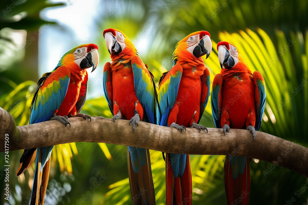 Macaw parrots. World Wildlife Day. Group of wild animals on nature background..Macaw parrots. World Wildlife Day. Group of wild animals on nature background.