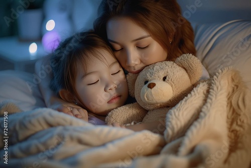 A peaceful moment captured as a woman and child rest together, finding comfort and security in the embrace of a teddy bear