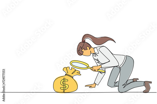Continuous one line drawing of businesswoman looks down checking money bag with magnifier. Be careful to check and recalculate before making business payments. Single line design vector illustration
