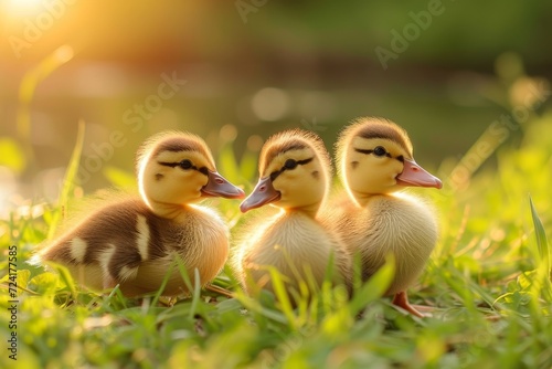 A charming flock of fluffy ducklings frolic in the lush green grass, their delicate beaks pecking at insects while their watchful mother stands guard