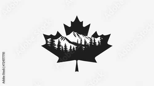 a black and white image of a mountain and trees on a maple leaf