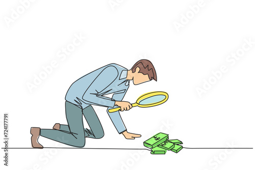 Single continuous line drawing businessman looked down examining piles of banknotes with magnifiers. Businessmen who know the rules, don't take what doesn't belong. One line design vector illustration