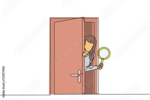 Single one line drawing businesswoman came out from behind the door holding a magnifier. Invite business partners to join so that the business is stronger. Continuous line design graphic illustration