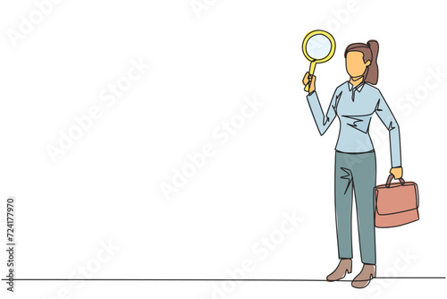 Single continuous line drawing businesswoman holds the magnifier in right hand while in left hand holds a briefcase. Businesswoman who offer cooperation proposals. One line design vector illustration