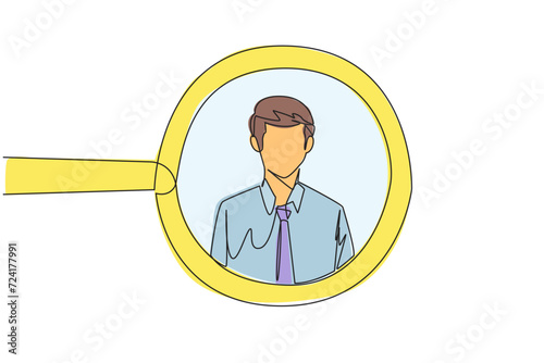 Single one line drawing of the circle of magnifiers highlights to young successful businessman. Resembles an avatar for a photo on social media. Victorious. Continuous line design graphic illustration