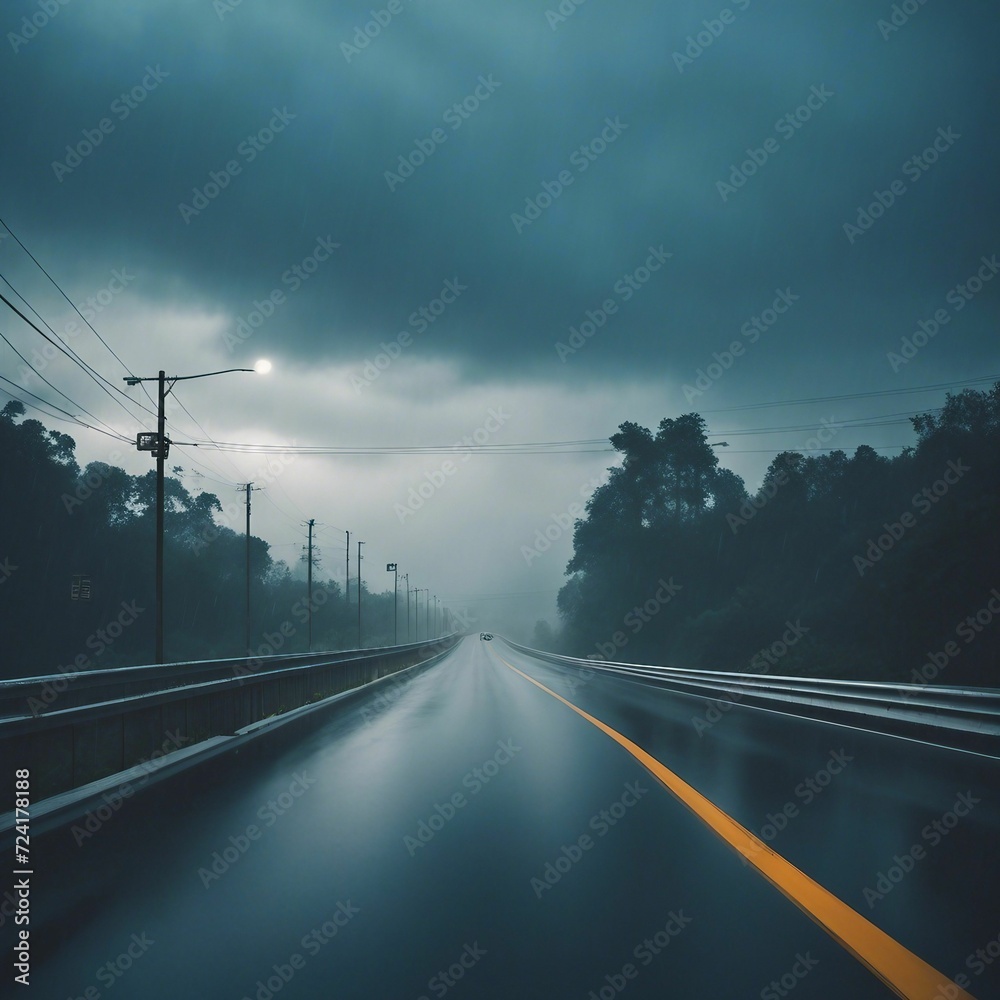 Endless Night Drive on an Eerie Road with a Dimly Lit Streetlight - Mysterious and Haunting Atmosphere