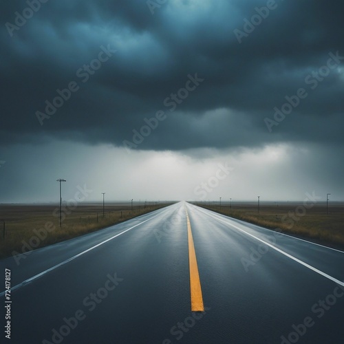 Journey Towards the Unknown: A Scenic Road Under a Mysterious Dark Sky with a Captivating Yellow Line