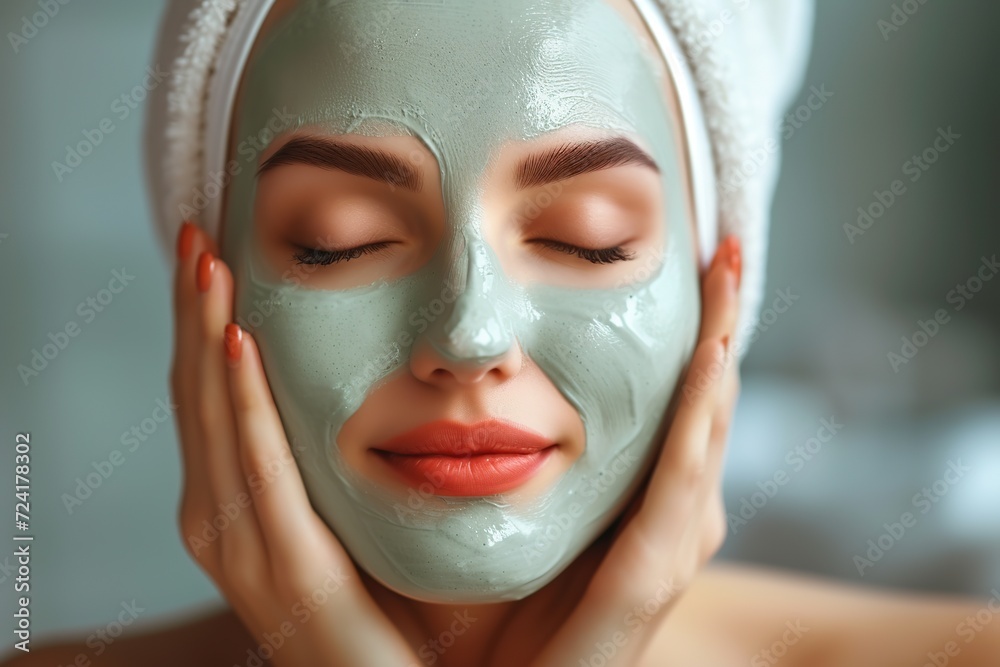 Fototapeta premium Beautiful woman applying facial mask at beauty spa salon