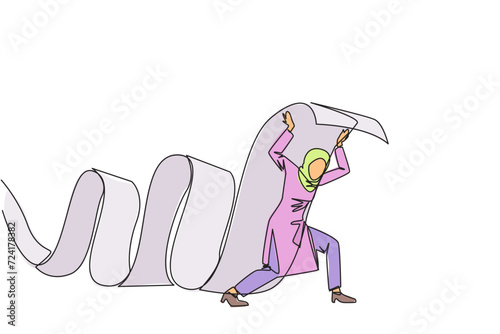 Single continuous line drawing Arab businesswoman held long roll of billing paper with shoulders. Bear and keep paying amount of bills so business continues to run. One line design vector illustration