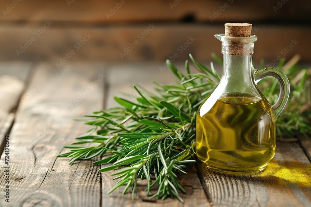 Rosemary essential oil and rosemary twigs on wooden background