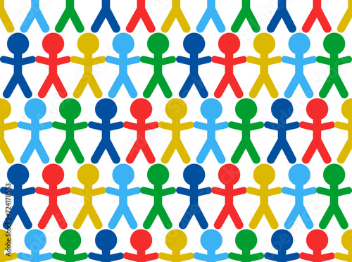 Seamless vector pattern colored little men. Autism day awareness, children hand backgrounds.
