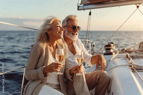 A couple clad in stylish outdoor clothing enjoy a serene day of sailing on their decked out sailboat, basking in the warm sun and gazing at the endless blue sky and water